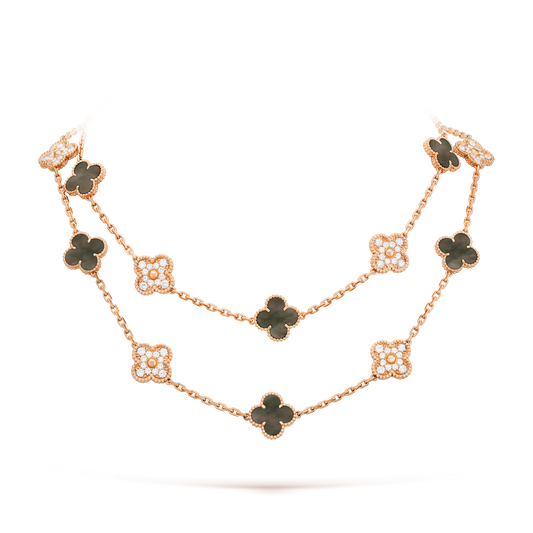[Raffine] COLLAR DE DIAMANTES CON TRAPEZOIDAL OSCURO CON 20 MOTIVOS DE TRÉBOL