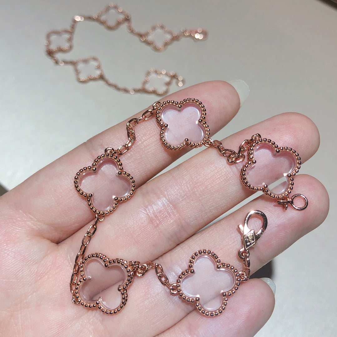 [Raffine]CLOVER 5 MOTIF ROCK CRYSTAL PINK GOLD BRACELET
