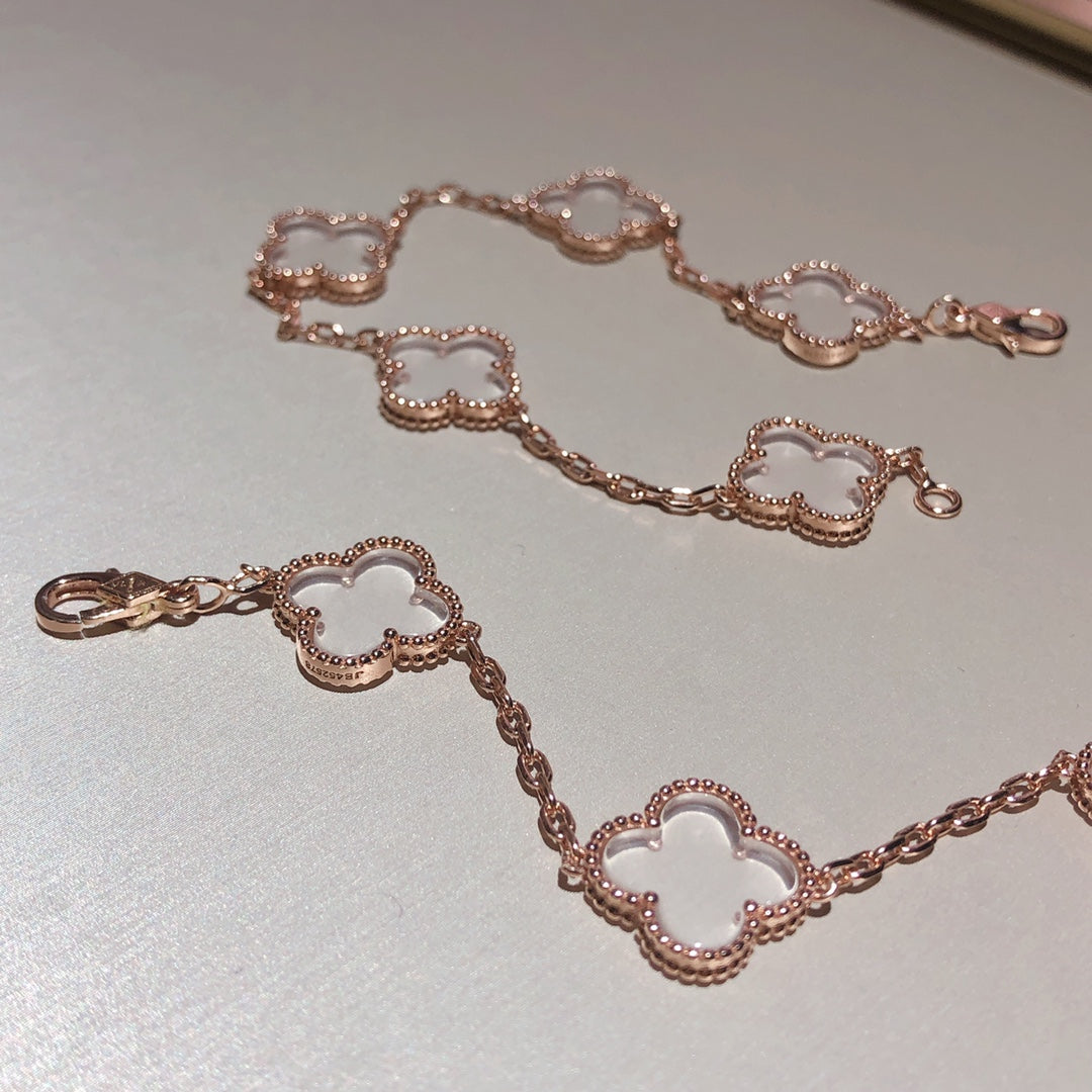 [Raffine]CLOVER 5 MOTIF ROCK CRYSTAL PINK GOLD BRACELET