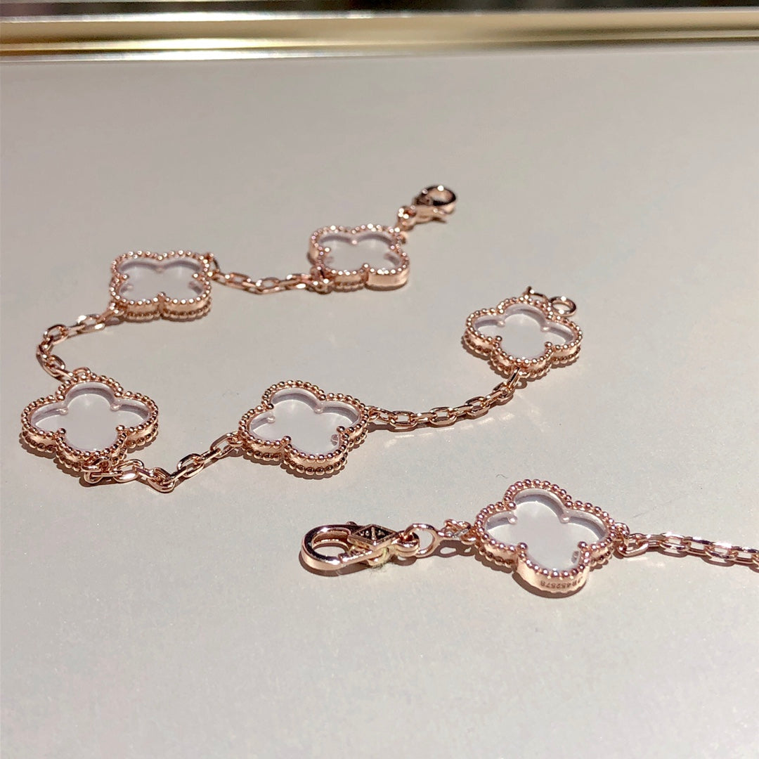 [Raffine]CLOVER 5 MOTIF ROCK CRYSTAL PINK GOLD BRACELET