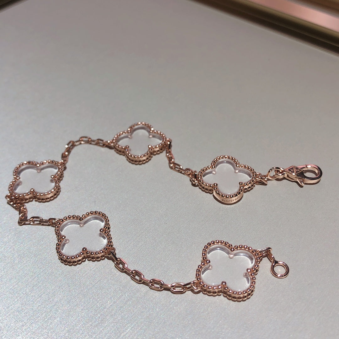 [Raffine]CLOVER 5 MOTIF ROCK CRYSTAL PINK GOLD BRACELET
