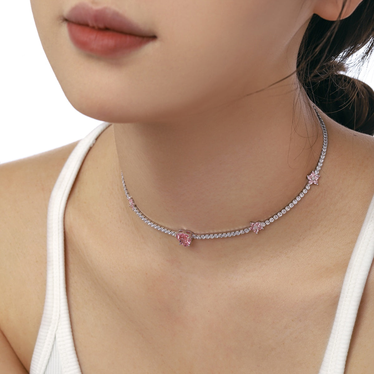 [Raffine]Dazzling Pink Heart Flower Necklace