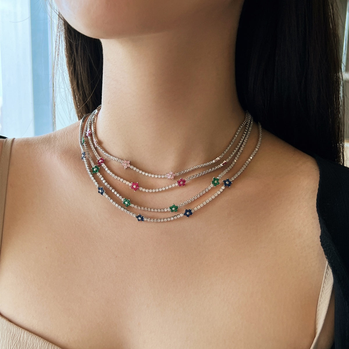 [Raffine]Luxurious Colorful Flower Tennis Necklace