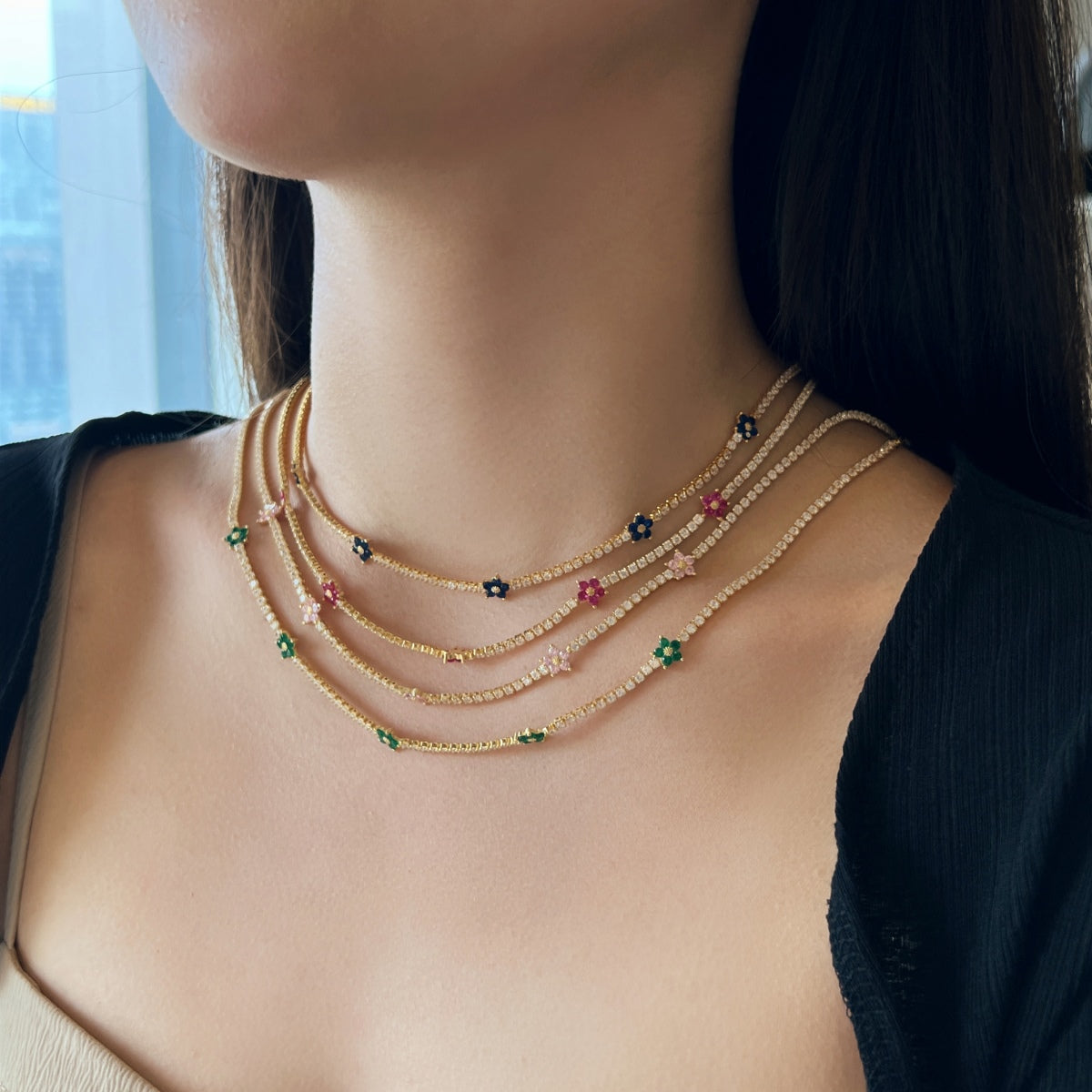 [Raffine]Luxurious Colorful Flower Tennis Necklace