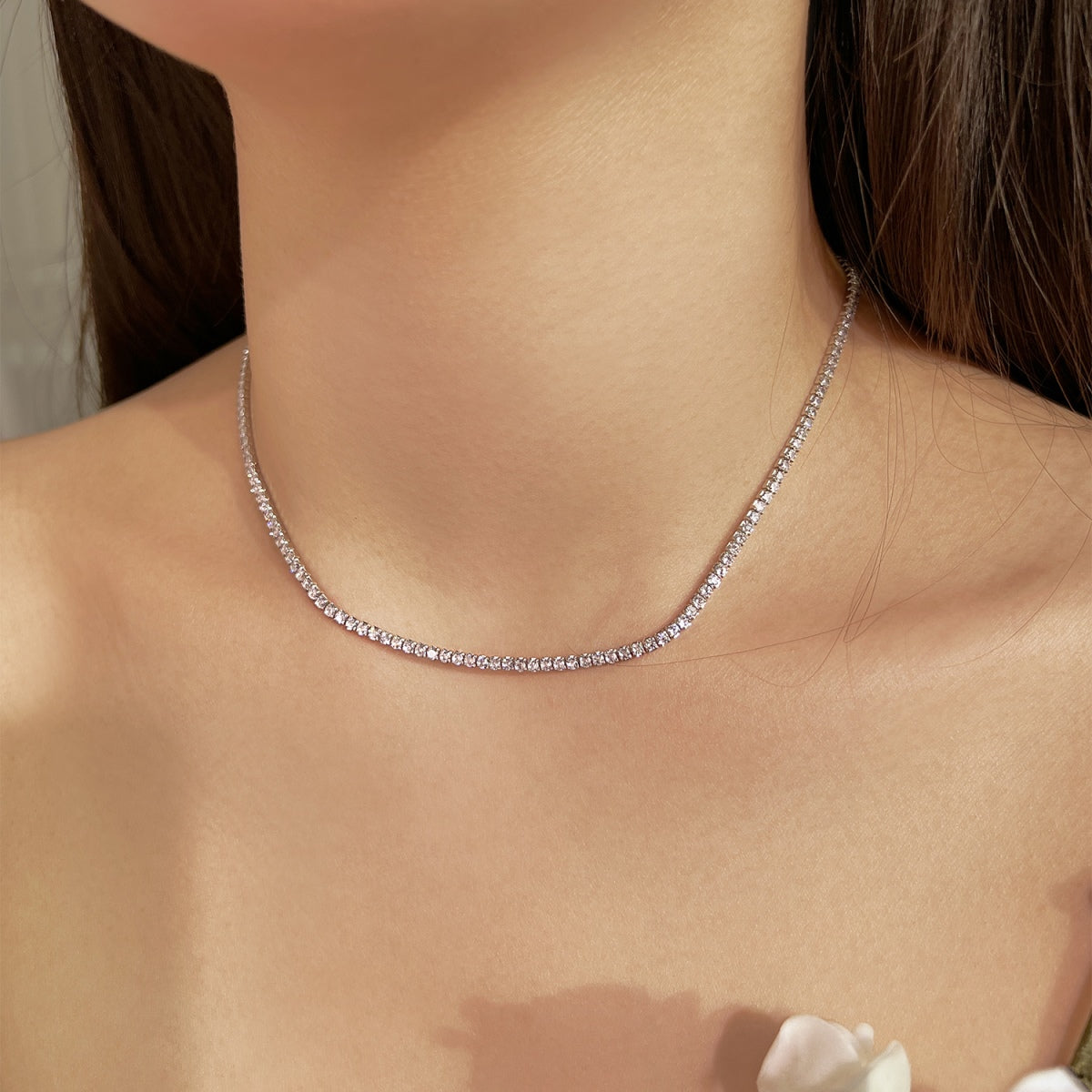[Raffine]Delicate Round Shape Tennis Necklace