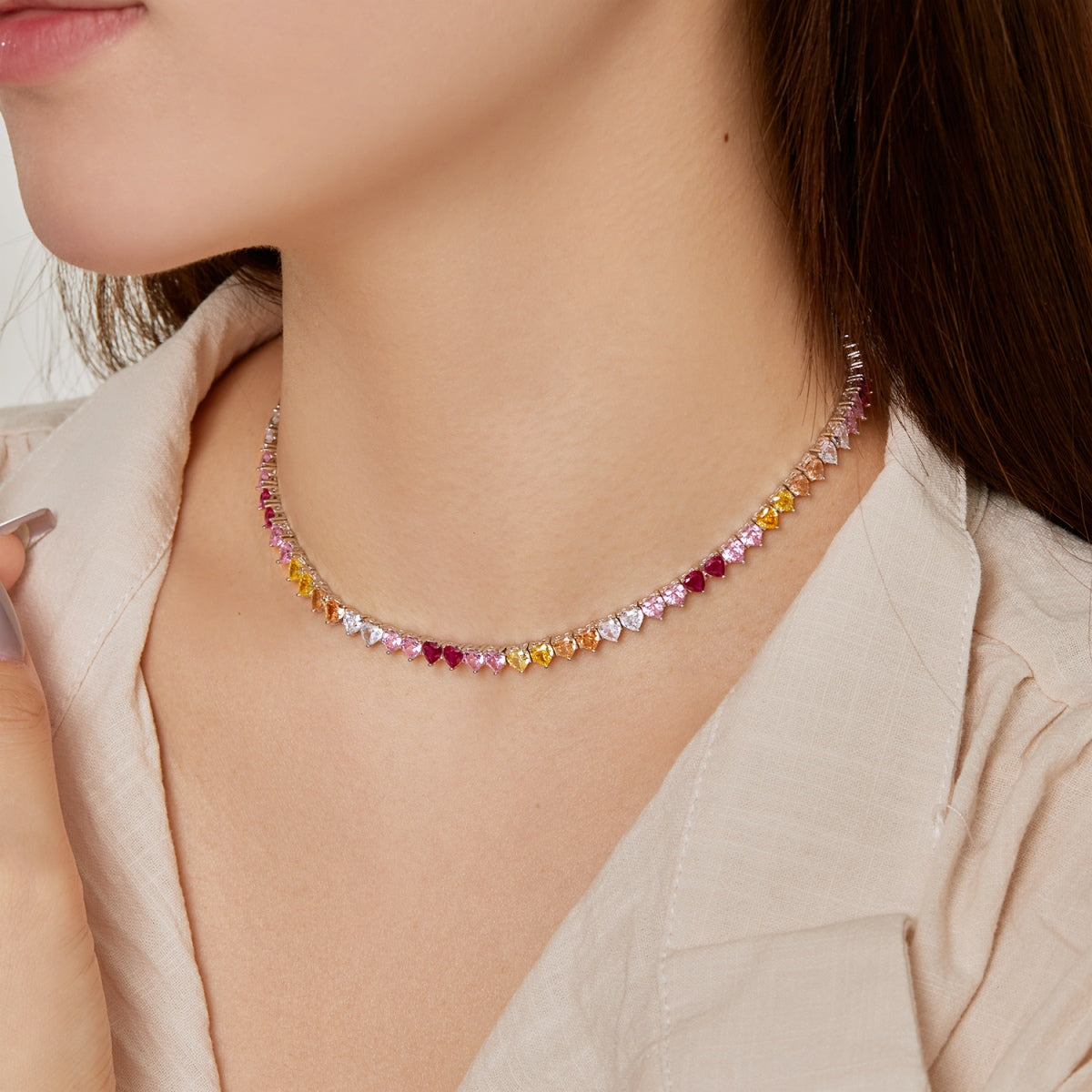 [Raffine]Sparkling Colorful Full Heart Tennis Necklace