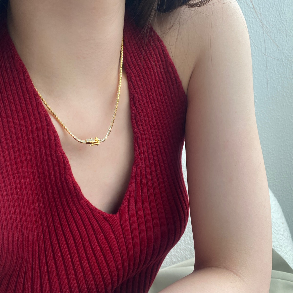[Raffine]Delicate Round Shape Tennis Necklace