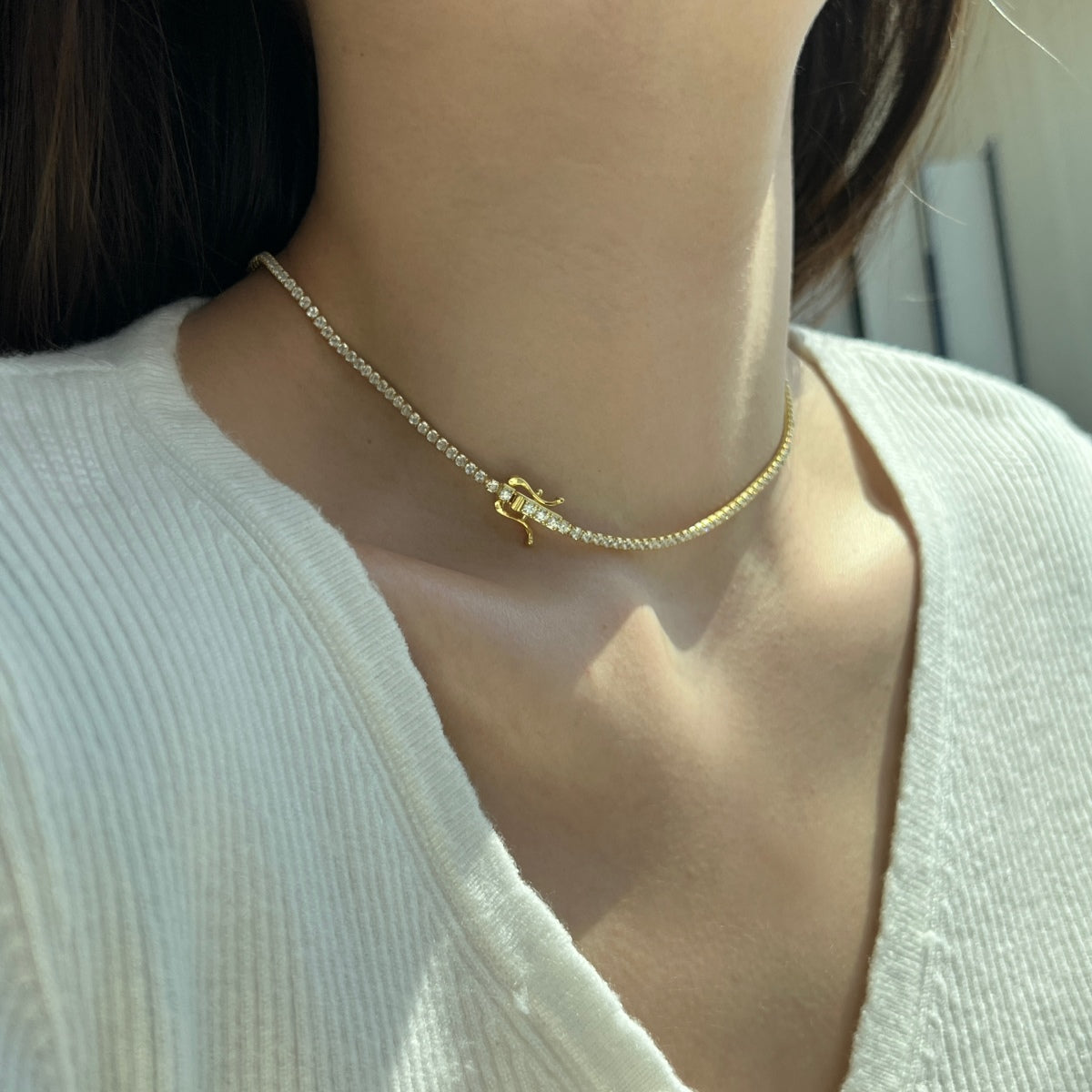 [Raffine]Delicate Round Shape Tennis Necklace
