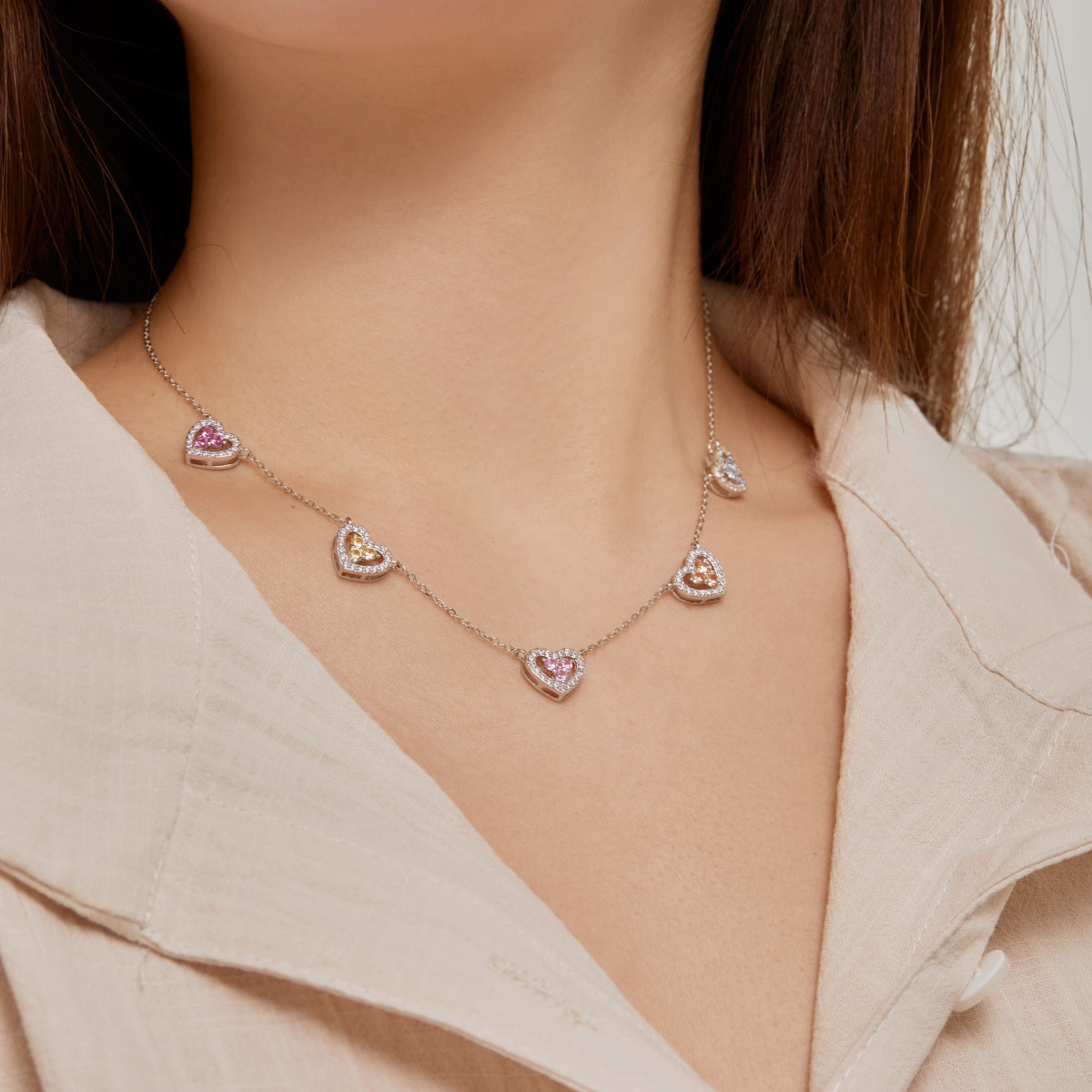 [Raffine]Sparkling Five Heart Necklace