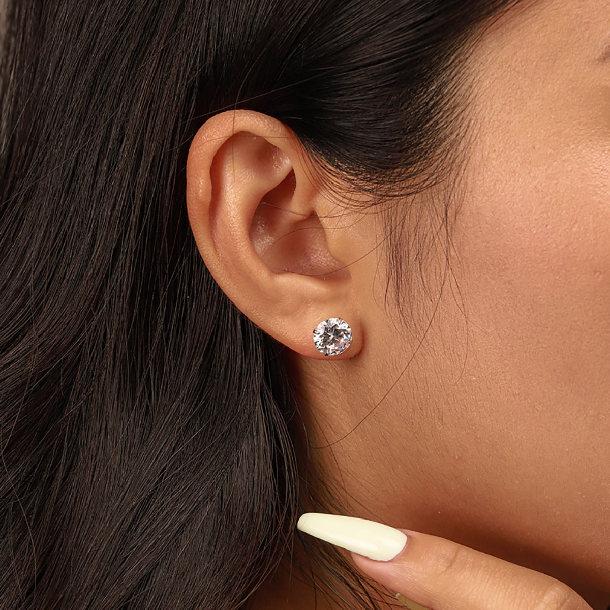 [Raffine]Stylish Shiny Round Center Stone Stud Earrings
