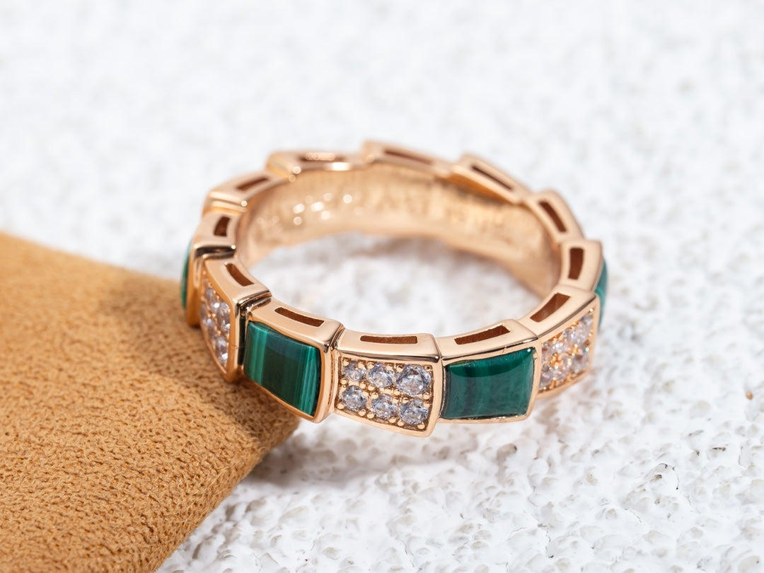 [Raffine]Anillo Serpenti Oro Rosa Malaquita Diamante Pavé 4mm