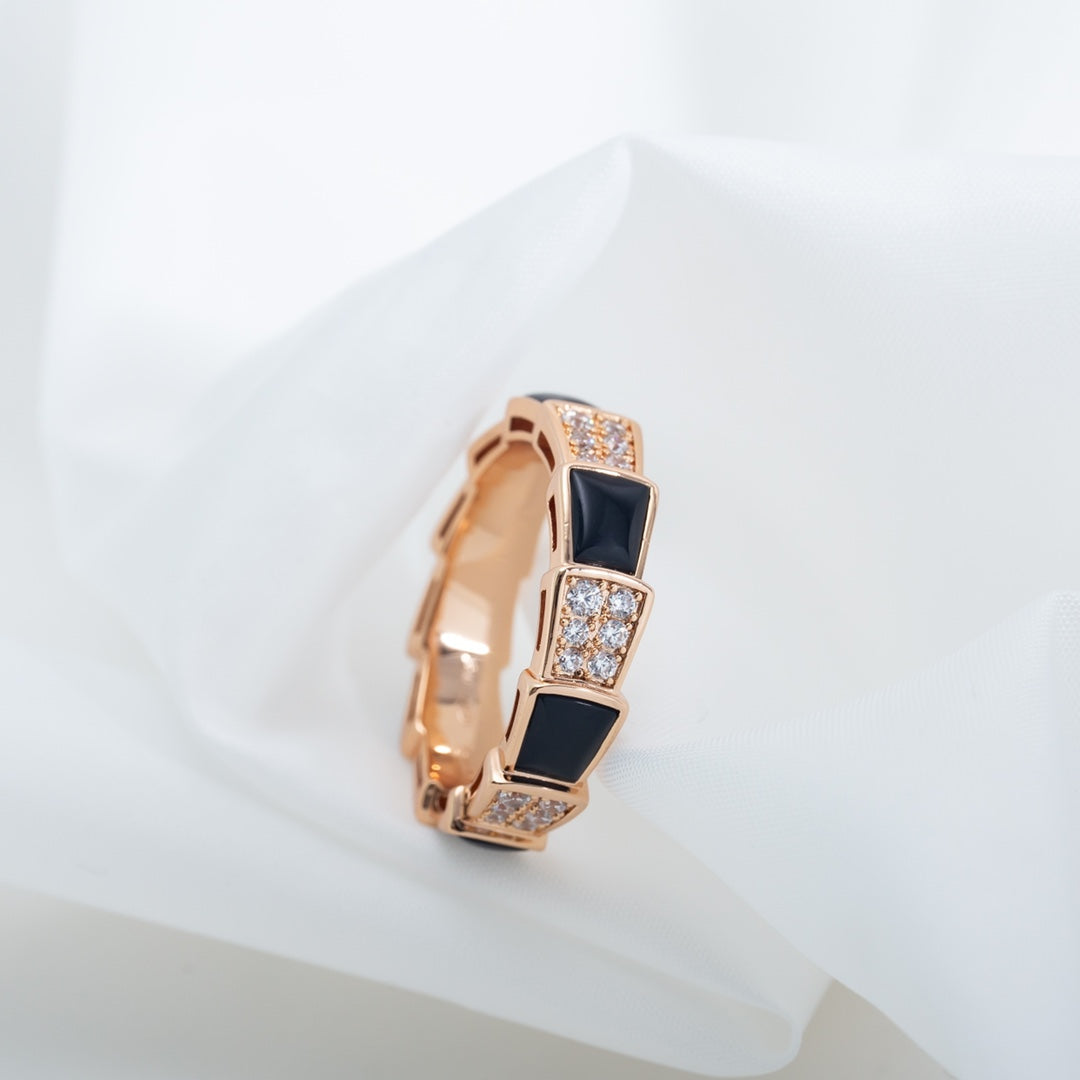 [Raffine]Anillo Serpenti Oro Rosa Mopa Negra Diamante Pavé 4mm