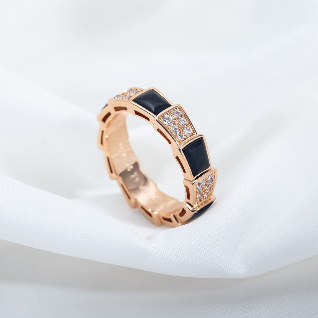 [Raffine]Anillo Serpenti Oro Rosa Mopa Negra Diamante Pavé 4mm