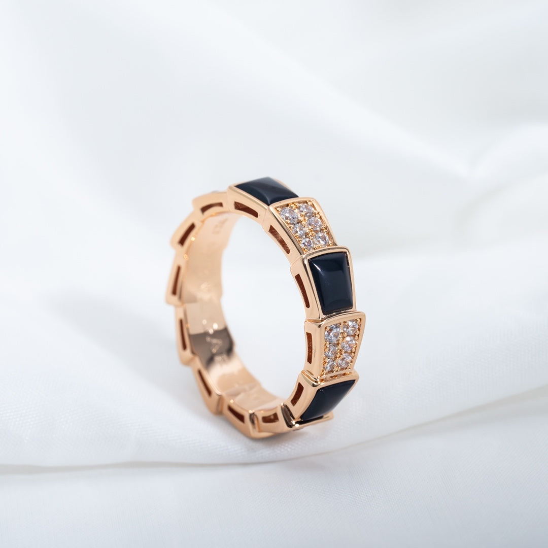 [Raffine]Anillo Serpenti Oro Rosa Mopa Negra Diamante Pavé 4mm