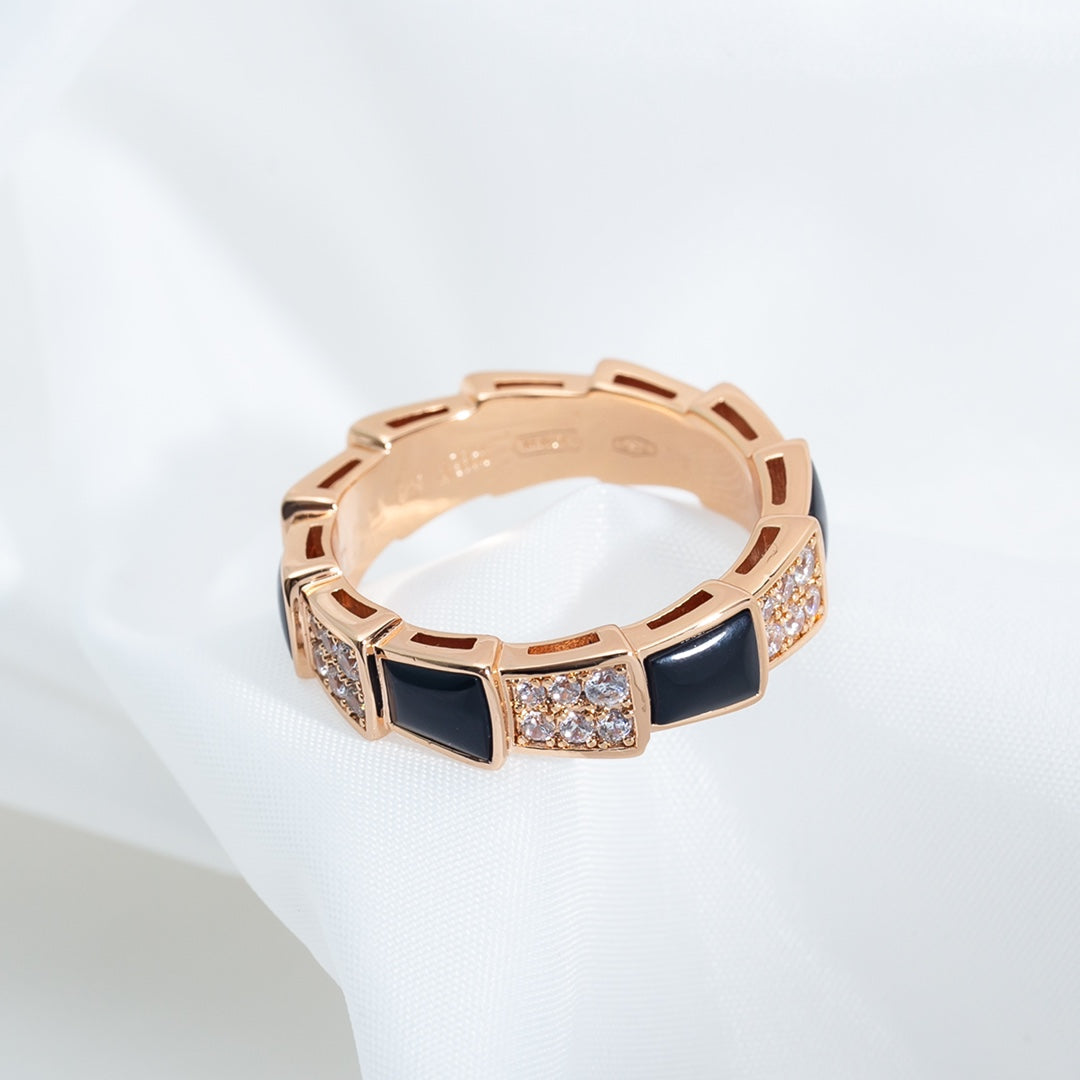 [Raffine]Anillo Serpenti Oro Rosa Mopa Negra Diamante Pavé 4mm