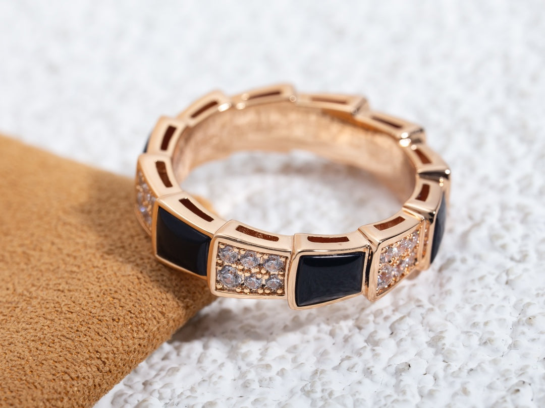 [Raffine]Anillo Serpenti Oro Rosa Mopa Negra Diamante Pavé 4mm