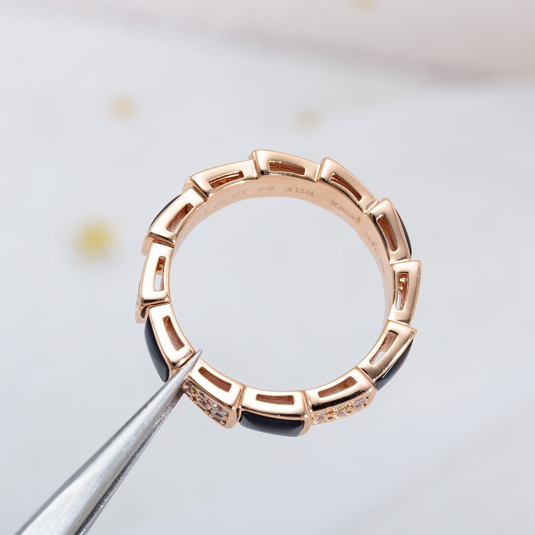[Raffine]Anillo Serpenti Oro Rosa Mopa Negra Diamante Pavé 4mm