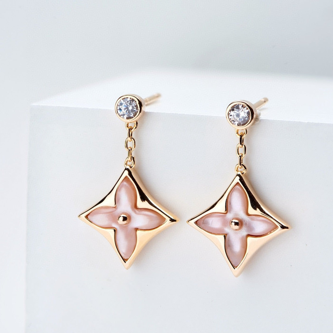 [Raffine]DOUBLE STAR PINK GOLD MOP DROP EARRINGS