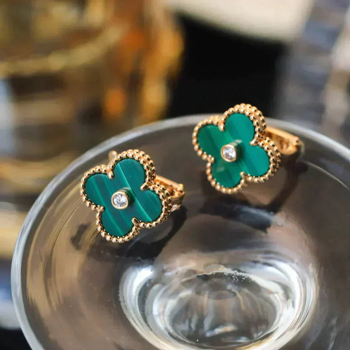 [Raffine]CLOVER MEDIUM 1 MOTIFS MALACHITE DIAMOND EARRINGS