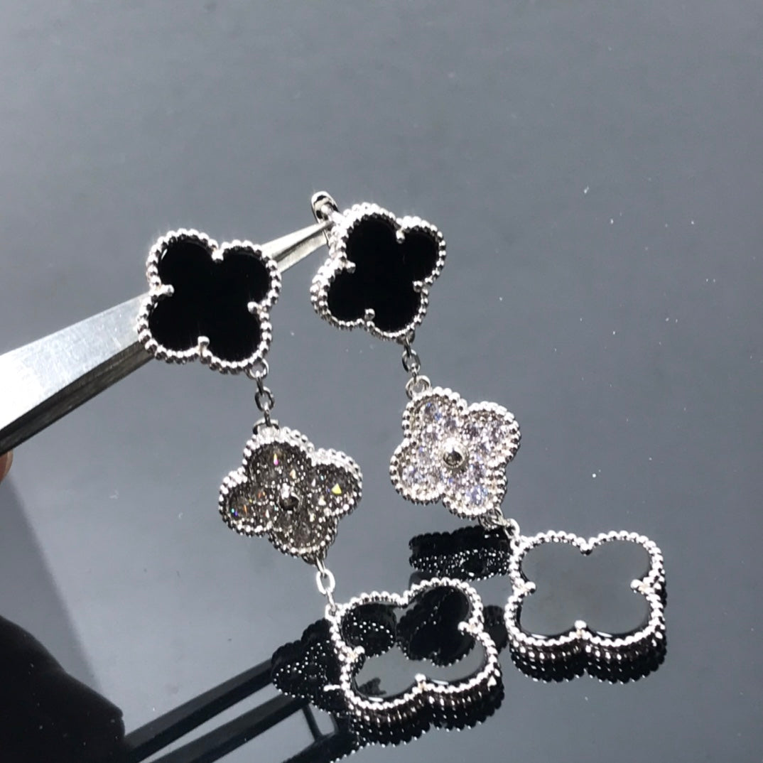 [Raffine]CLOVER 3 MOTIF DIAMOND ONYX SILVER EARRINGS