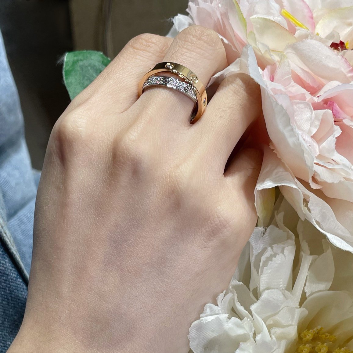 [Raffine] ANILLO DOBLE AMOR DE ORO ROSA, PLATA Y DIAMANTE