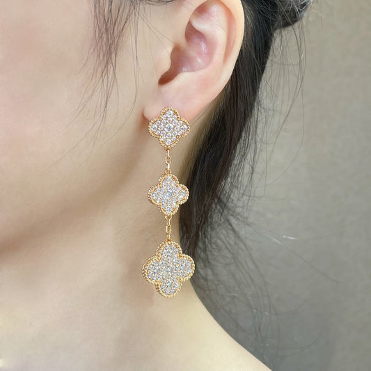 [Raffine]CLOVER 3 MOTIFS DIAMOND PAVED ROSE GOLD EARRINGS