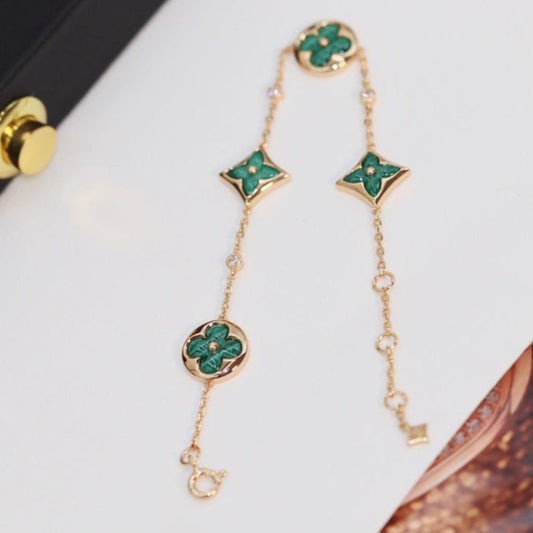 [Raffine]STAR AND SUN 4 MOTIF PINK GOLD MALACHITE BRACELET