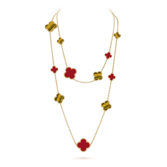 [Raffine] COLLAR DE OJO DE TIGRE CON 16 MOTIVOS DE TRÉBOL Y CORNALINA EN ORO ROSA