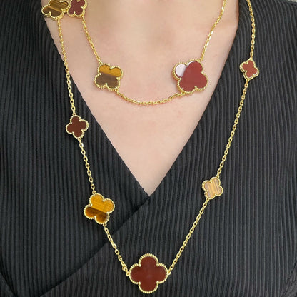 [Raffine] COLLAR DE OJO DE TIGRE CON 16 MOTIVOS DE TRÉBOL Y CORNALINA EN ORO ROSA