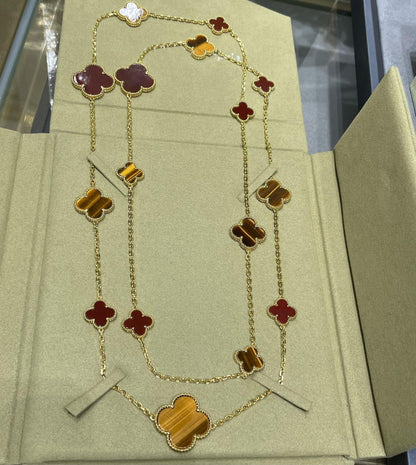 [Raffine] COLLAR DE OJO DE TIGRE CON 16 MOTIVOS DE TRÉBOL Y CORNALINA EN ORO ROSA