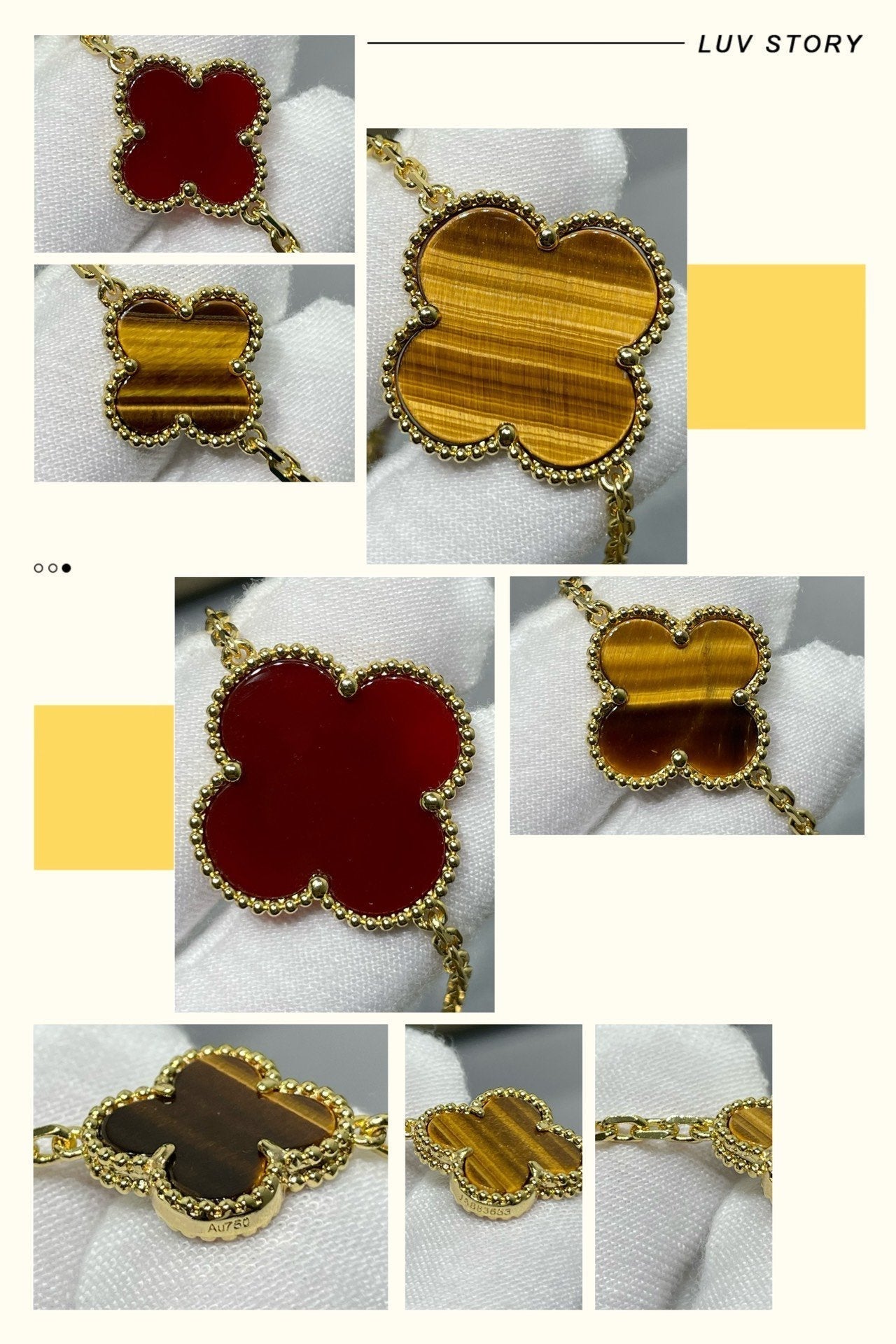 [Raffine] COLLAR DE OJO DE TIGRE CON 16 MOTIVOS DE TRÉBOL Y CORNALINA EN ORO ROSA