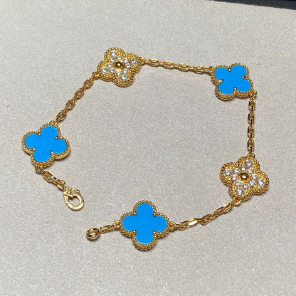 [Raffine]CLOVER 5 MOTIF BLUE CHALCEDONY DIAMOND GOLD BRACELET