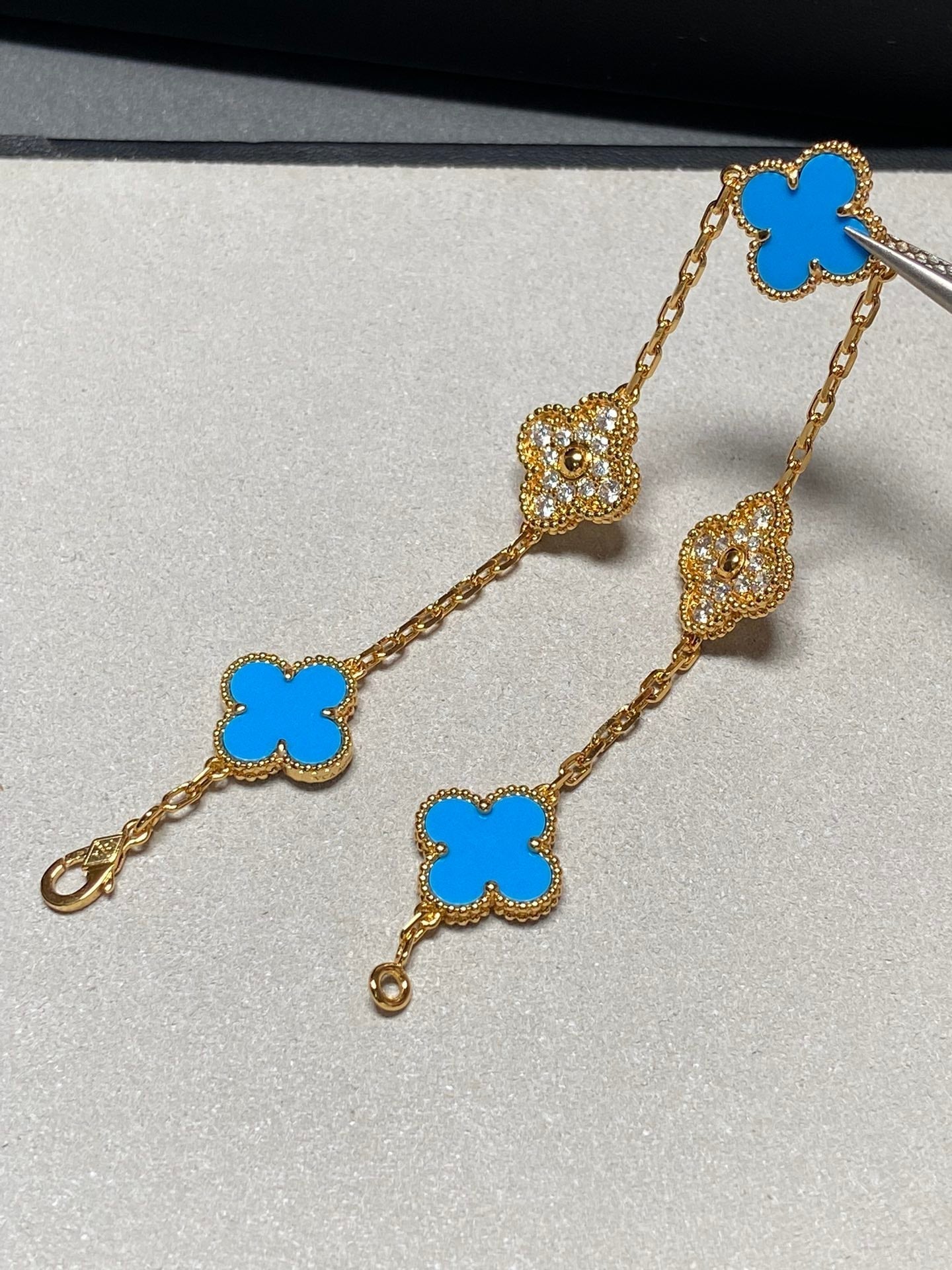 [Raffine]CLOVER 5 MOTIF BLUE CHALCEDONY DIAMOND GOLD BRACELET