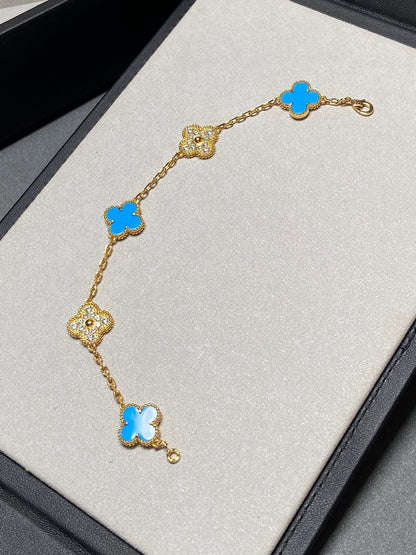 [Raffine]CLOVER 5 MOTIF BLUE CHALCEDONY DIAMOND GOLD BRACELET