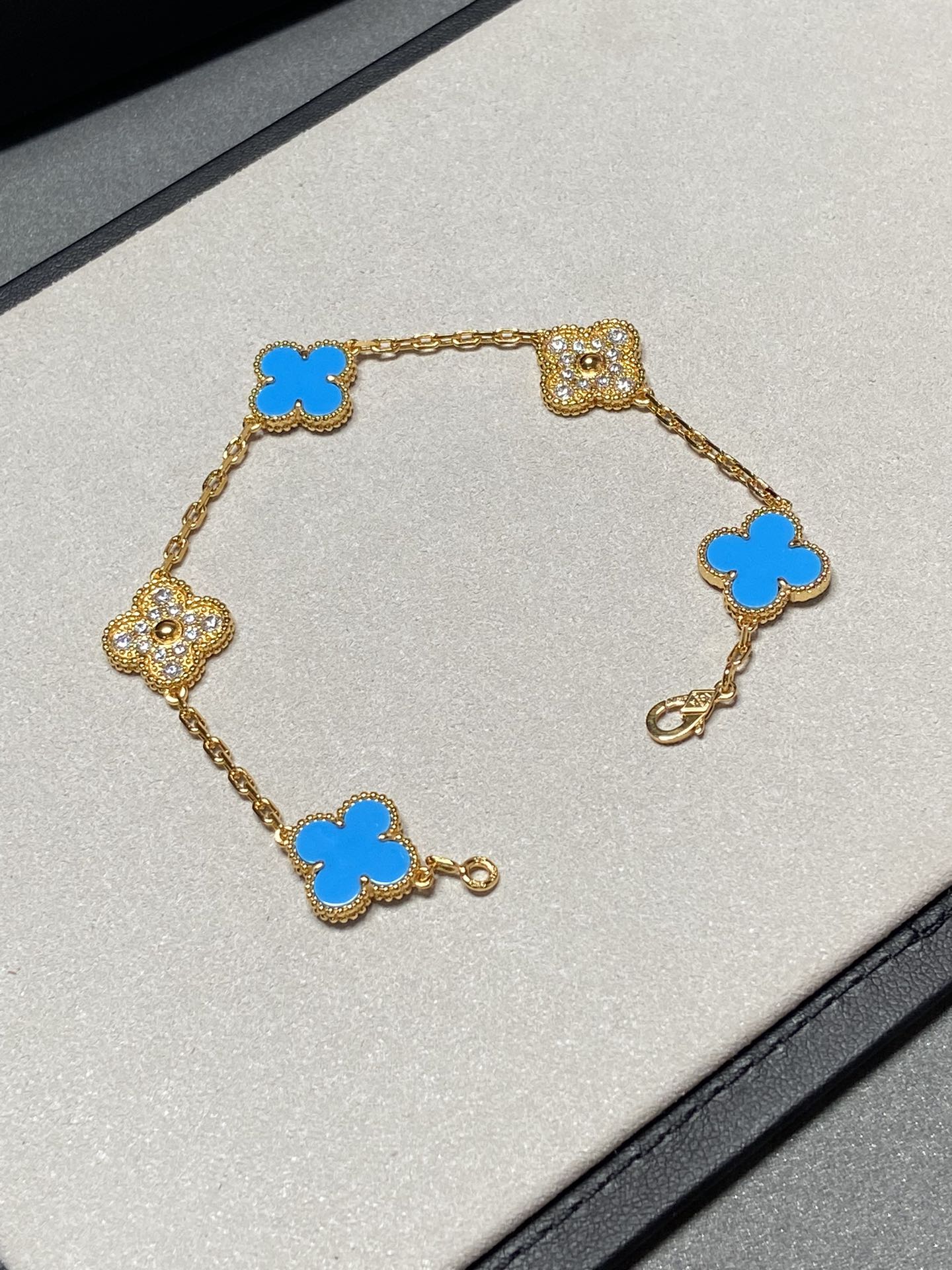 [Raffine]CLOVER 5 MOTIF BLUE CHALCEDONY DIAMOND GOLD BRACELET