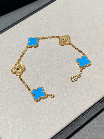 [Raffine]CLOVER 5 MOTIF BLUE CHALCEDONY DIAMOND GOLD BRACELET