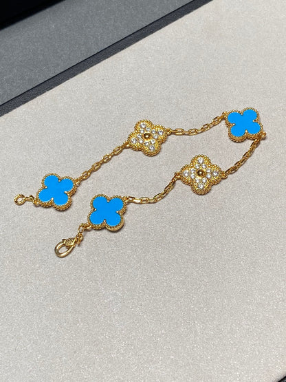 [Raffine]CLOVER 5 MOTIF BLUE CHALCEDONY DIAMOND GOLD BRACELET
