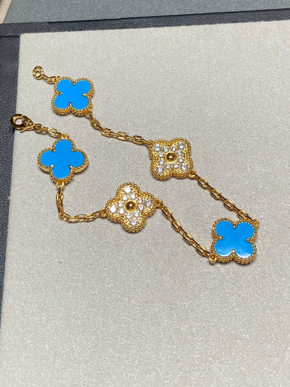 [Raffine]CLOVER 5 MOTIF BLUE CHALCEDONY DIAMOND GOLD BRACELET