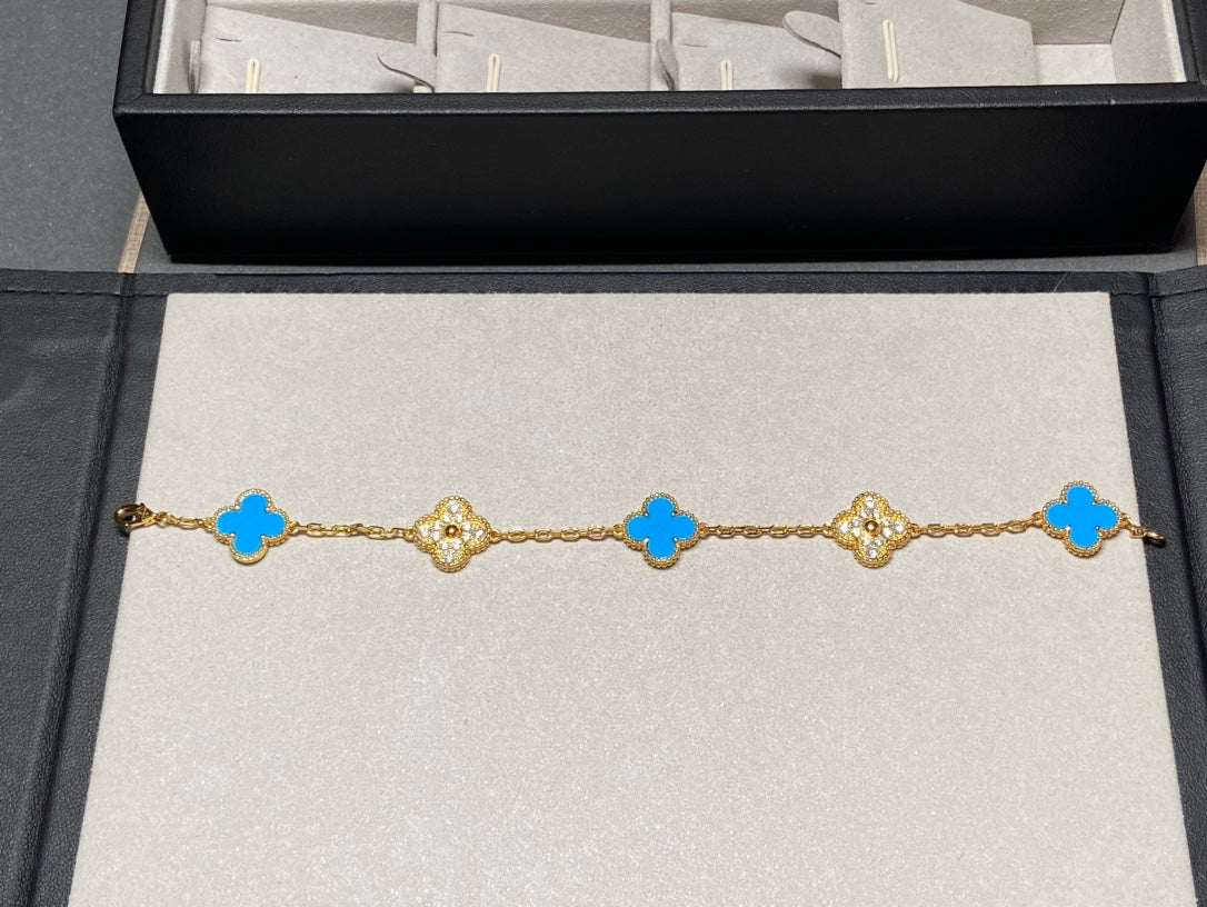 [Raffine]CLOVER 5 MOTIF BLUE CHALCEDONY DIAMOND GOLD BRACELET