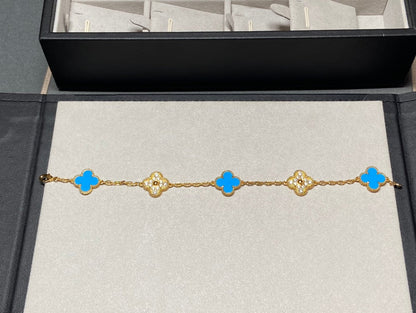 [Raffine]CLOVER 5 MOTIF BLUE CHALCEDONY DIAMOND GOLD BRACELET