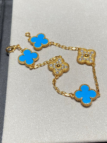 [Raffine]CLOVER 5 MOTIF BLUE CHALCEDONY DIAMOND GOLD BRACELET