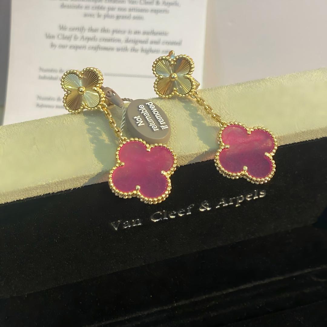 [Raffine]NEW CLOVER 2 MOTIF PINK ENAMEL EARRINGS