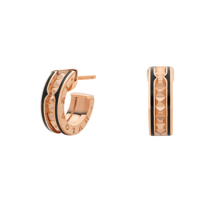 [Raffine]ZERO 1 ROCK PINK GOLD EARRINGS WITH STUDDED SPIRAL AND BLACK CERAMIC