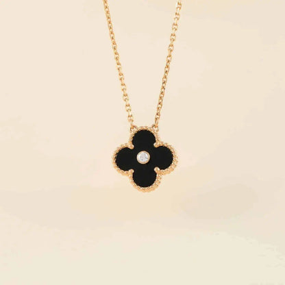[Raffine] COLLAR DE ÓNIX Y DIAMANTE DE TRÉBOL DE 15 MM