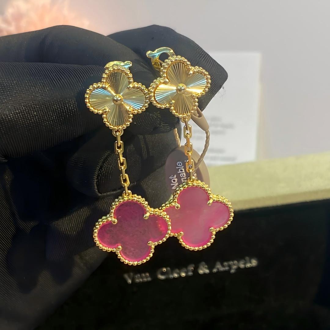 [Raffine]NEW CLOVER 2 MOTIF PINK ENAMEL EARRINGS