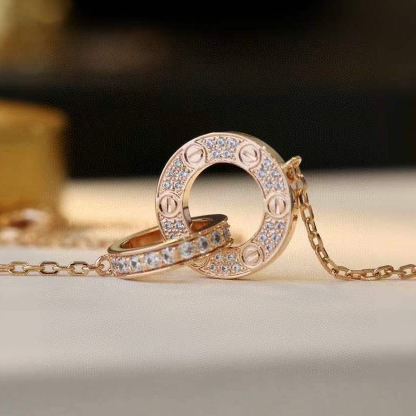 [Raffine]LOVE 7.6MM NECKLACE ROSE GOLD AND SILVER  FULL DIAMOND