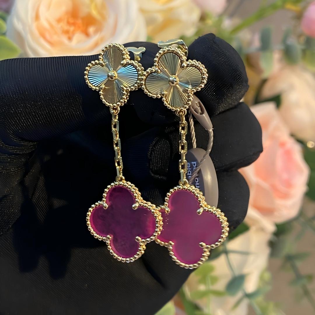 [Raffine]NEW CLOVER 2 MOTIF PINK ENAMEL EARRINGS