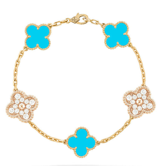 [Raffine]CLOVER 5 MOTIF TURQUOISE DIAMOND GOLD BRACELET