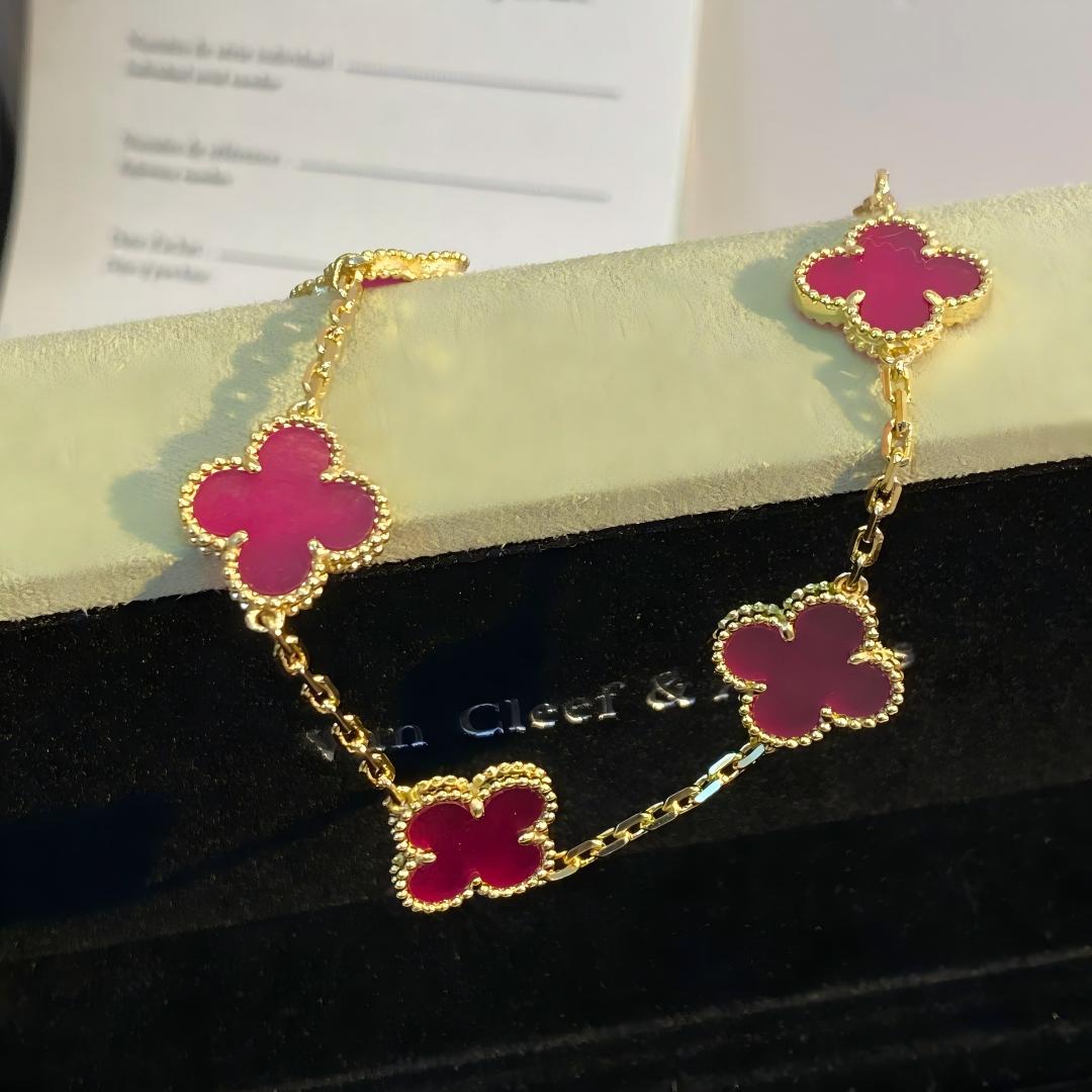 [Raffine]NEW CLOVER 5 MOTIFS PINK ENAMEL BRACELET