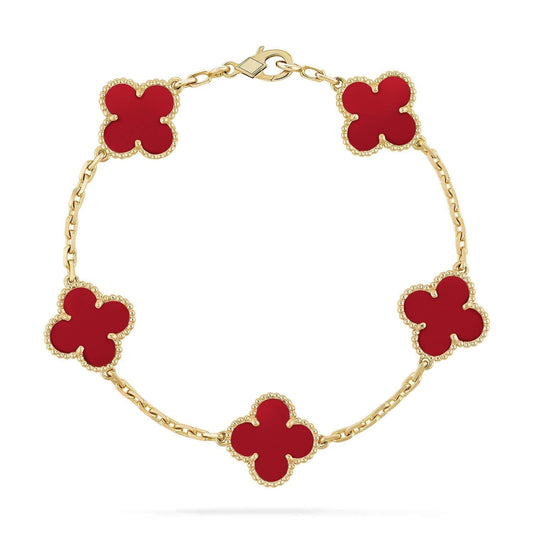 [Raffine]Pulsera de ágata roja con cinco motivos de trébol 